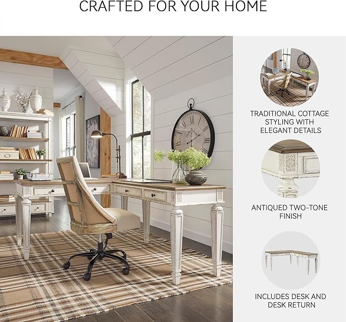 Signature Design by Ashley Realyn Cottage L-Shaped Distressed 2-Piece Home Office Desk with Power Supply and USB Ports, White & Light Brown