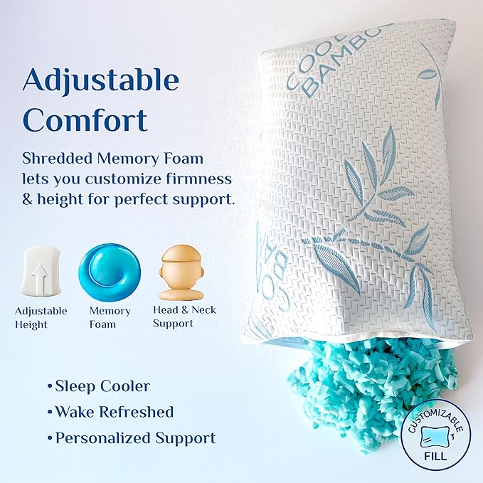 OMEO 2 Pack Bamboo Pillow Queen Size for Sleeping, Hypoallergenic Cooling Shredded Memory Foam Bed Pillows for Side, Back and Stomach Sleepers, Adjustable Loft and Washable Cover 20" x 30"