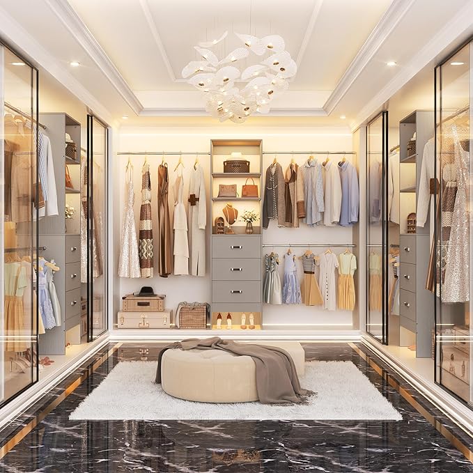 96'' Closet Organizer System with 3 Hanging Rods, 8FT Closet Organizers and Storage with 3 Wooden Drawers, Built in Closet Organizer Systems, Adjustable Walk-in Wardrobe from 5-8FT, Grey