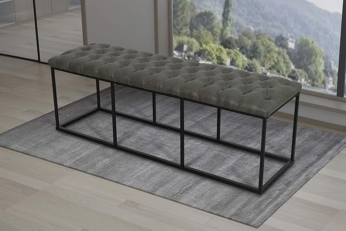 HomePop Upholstered Button Tufted Decorative Bench with Metal Base, Gray Faux Leather
