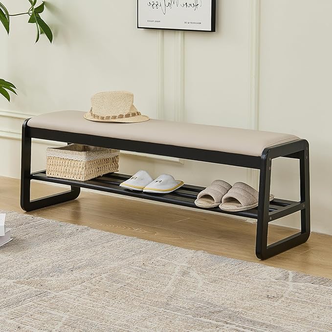 Uniclinens Wooden Shoe Rack Bench with Cushion, Solid Wood Narrow Entryway Bench 2-Tier, Long Shoe Storage Bench for Hallway Living Room, End of Bed Bench Bedroom(Black 47.2'')