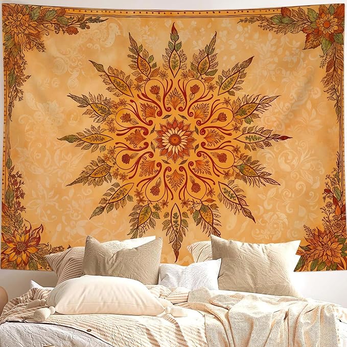 Accnicc Boho Mandala Floral Tapestry Vintage Bohemian Indian Tapestries for Bedroom Aesthetic Retro Orange Yellow Flower Large Tapestry Wall Hanging for Dorm Living Room Decor 80 x 60 Inch