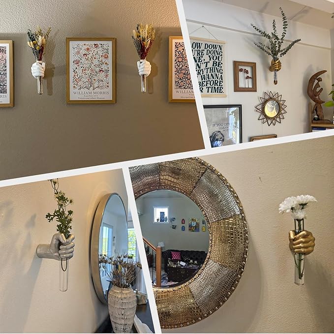 2 Pieces Wall Sculptures, Hands Vase Home Decor, Wall Mount Art Sculpture, Unique Wall Art Statue, Funky Flower Vase Decorations, Modern Eclectic Hanging Decor,Hands Statue (Silver(L+R))
