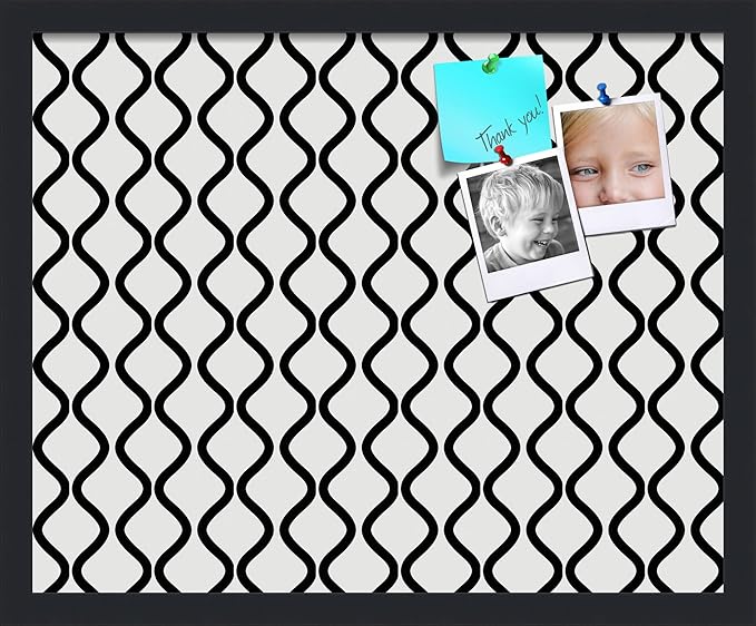 PinPix 21x17 Inch Cork Bulletin Board. This Decorative Framed Pin Board Comes with Black and White Waves Design and a Satin Black Frame. Ideal for Home Office Decor or Message Board (PinPix-194)