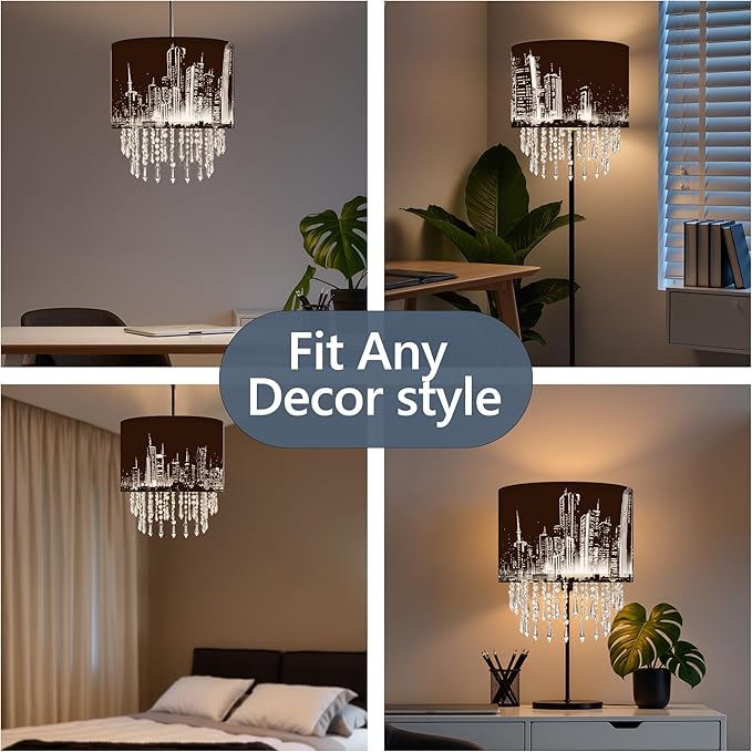 City Skyline Lamp Shade with Acrylic Bead Droplets, Black & White Drum Fabric Light Shade for Ceiling Pendant Table & Floor Lamps, Modern Home Decor, 11.8in