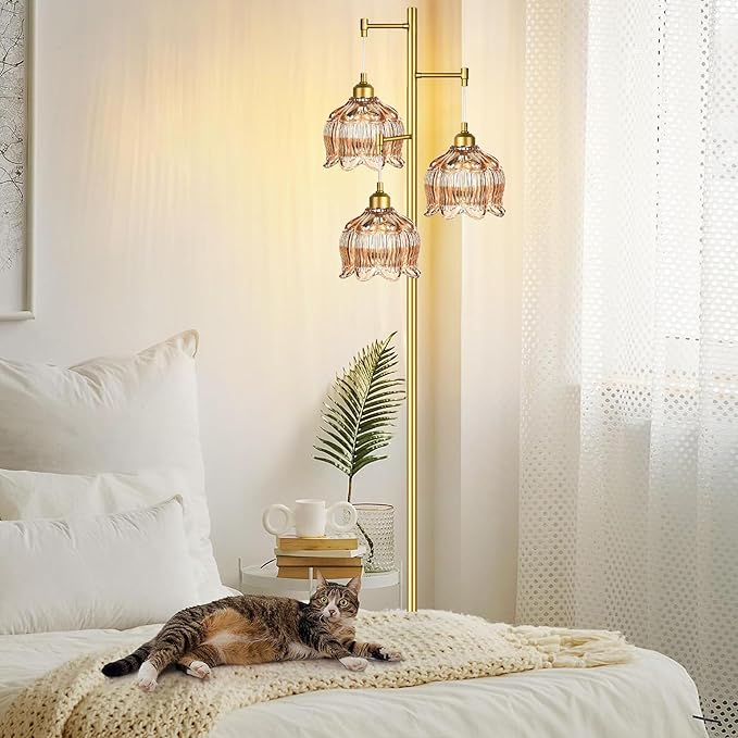 Gold Floor Lamp for Living Room Bedroom,Modern Floor Lamps with Unique Glass Shades,68IN Mid Century Tall Standing Lamp,Vintage Tree Floor Lamp for Corner Office Reading,3 Light Bulb Included
