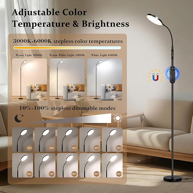 Floor Lamp for Indoor, 240 LEDs Eye Protection Lamp, Adjustable Height,Remote & Touch Control, Dimmable, Flexible Gooseneck with Stand, Reading Lamp for Living Room Bedroom Office, Black