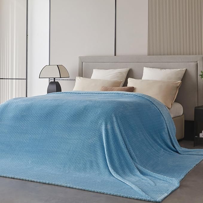 Oversized King Fleece Blanket 120x120 Inches, Seamless Soft Cozy 3D Jacquard Flannel Blanket 10'x10' Extra Large for Bed, Sofa, Couch, Travel & Camping, California King Throw, Baby Blue Leaf