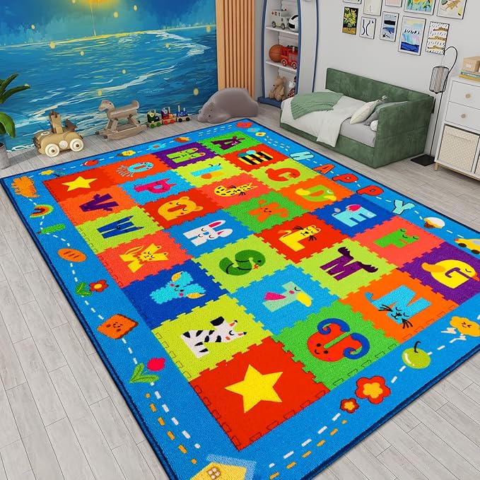 ABC Kids Rug, Kids Carpet for Playroom, Classroom Carpet with Anti-Slip Back, Educational Preschool Rugs with ABC, Numbers, Animals Colors, Shapes, Extra Large Thick (59'' x 39.4", Style 8)