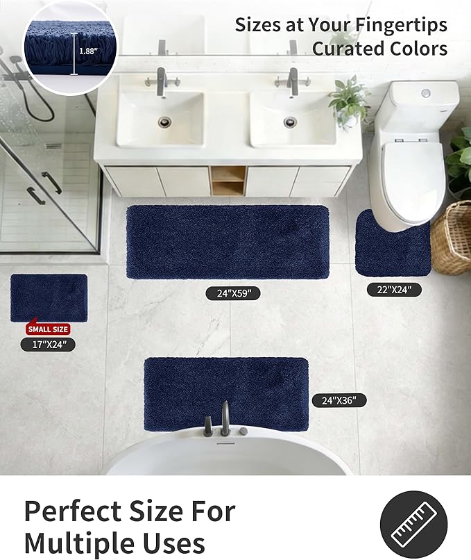 ILANGO Navy Blue Bathroom Rugs 30" × 20" Non Slip & Super Absorbent Extra Thick Soft, Washable Bath Mat for Floor, Microfiber Plush Shaggy Bath Rug with Rubber for Bathtub Shower Room Sink