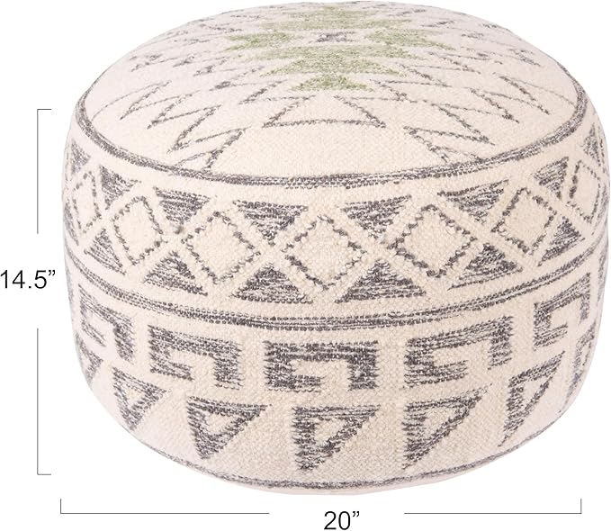 Creative Co-Op Boho Round Wool Blend Kilim Pouf with Geometric Design, Multicolor