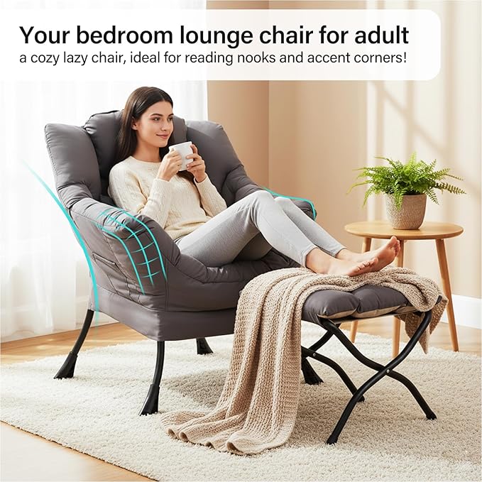 Lazy Chair with Ottoman, Modern Accent Chair with Lumbar Pillow, Dark Grey Sofa, Lounge Chairs with Folding Footrest, Oversized Supportive Chairs for Bedroom, Reading