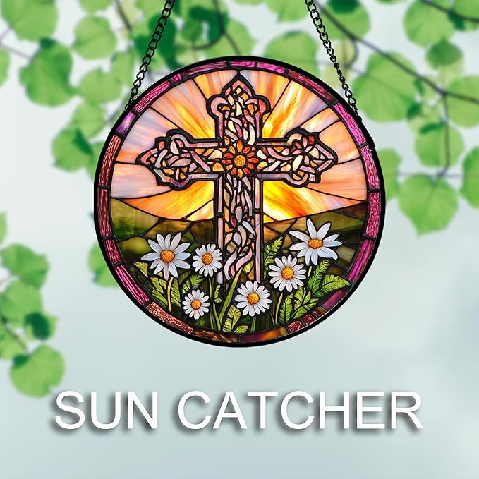 Christian Gifts for Women - Cross Stained Glass Window Hanging Jesus Easter White Daisy Flower Sun Catcher Garden Religion Decor Mother's Day Catholic Gift for Men Grandma Nana Her 15"