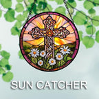 Christian Gifts for Women - Cross Stained Glass Window Hanging Jesus Easter White Daisy Flower Sun Catcher Garden Religion Decor Mother's Day Catholic Gift for Men Grandma Nana Her 15"