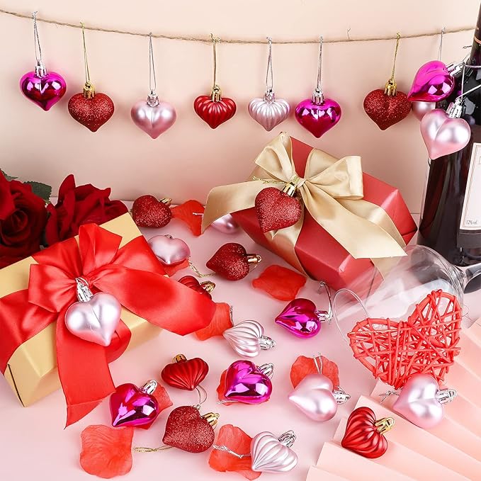 Elcoho 48 Heart Shaped Baubles Hanging Ornaments, Pink, Plastic, Valentine's Day, Christmas, New Year, Wedding, Anniversary