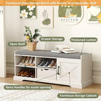 HOMEFORT 47" Shoe Storage Bench with Cushion Seat, Entryway Bench with Adjustable Shelf and Barn Door,2- Tier Farmhouse Shoe Rack Cabinet Bench with Drawer, for Bedroom, Hallway, Antique White
