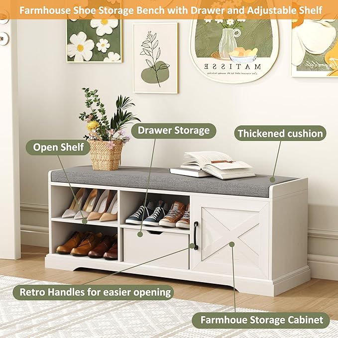 HOMEFORT 47" Shoe Storage Bench with Cushion Seat, Entryway Bench with Adjustable Shelf and Barn Door,2- Tier Farmhouse Shoe Rack Cabinet Bench with Drawer, for Bedroom, Hallway, Antique White