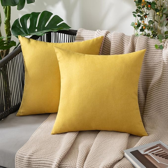 MIULEE Pack of 2 Decorative Outdoor Solid Waterproof Throw Pillow Covers Faux Linen Garden Farmhouse Cushion Cases for Summer Patio Tent Balcony Couch Sofa 20x20 Inch Yellow