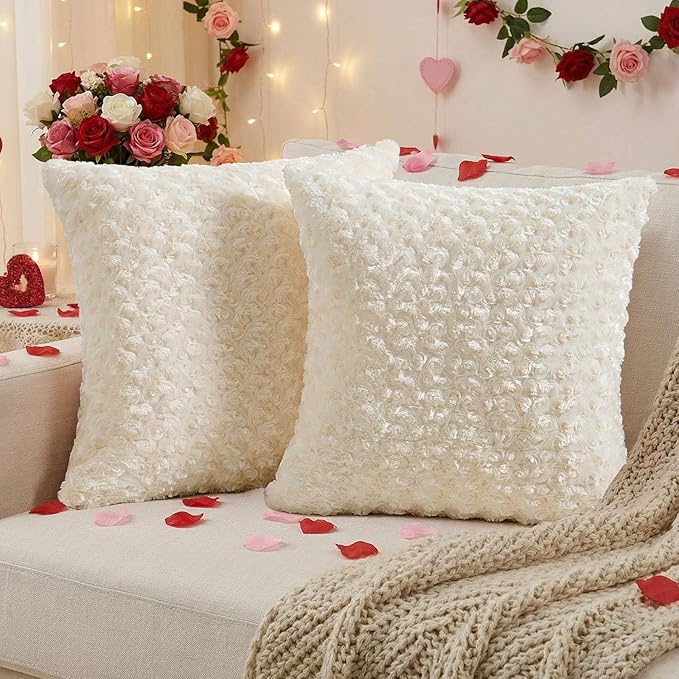 FUTEI Cream White Decorative Throw Pillow Covers 20x20 Inch Set of 2,Soft Solid Rose Swirl Textured Cushion Case,Valentine's Day Decor for Couch Living Room