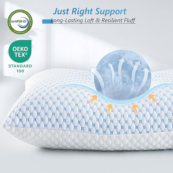 Cooling Firm Bed Pillows Set of 2, Shredded Memory Foam Pillows for Sleeping Luxury Gel Pillows for Side Back Stomach Sleepers with Removable Washable Cover(Blue, Standard)