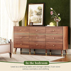 9 Drawer Dresser,63" Wide Mid Century Modern Chest of Drawers,Wooden Bedroom Drawer Dresser with 9 Storage Drawers for Bedroom, Living Room,with Anti-Tipping Device,Chestnut