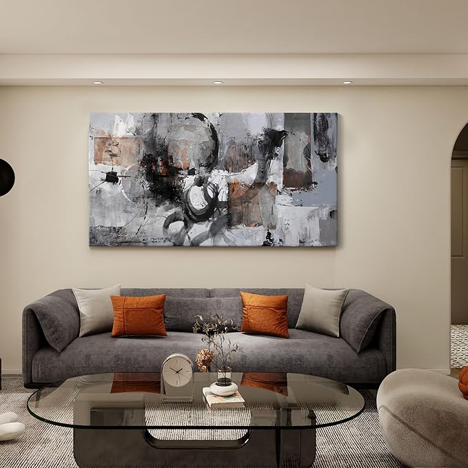 Pogusmavi Large Abstract Canvas Wall Art - Black & Grey, 29x58in, Framed, Modern Decor for Living Room & Bedroom