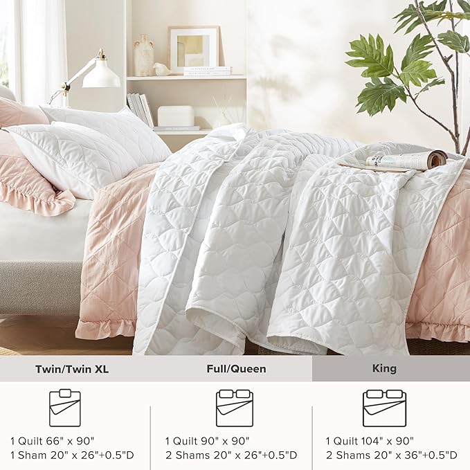 Comfort Spaces King Quilt Set Modern Reversible Ogee Coverlet King Bedding Set Cozy Quilted Winter Layer, All Season Lightweight Soft King Size Quilt, Kienna, King/Cal King White Ogee 3 Piece