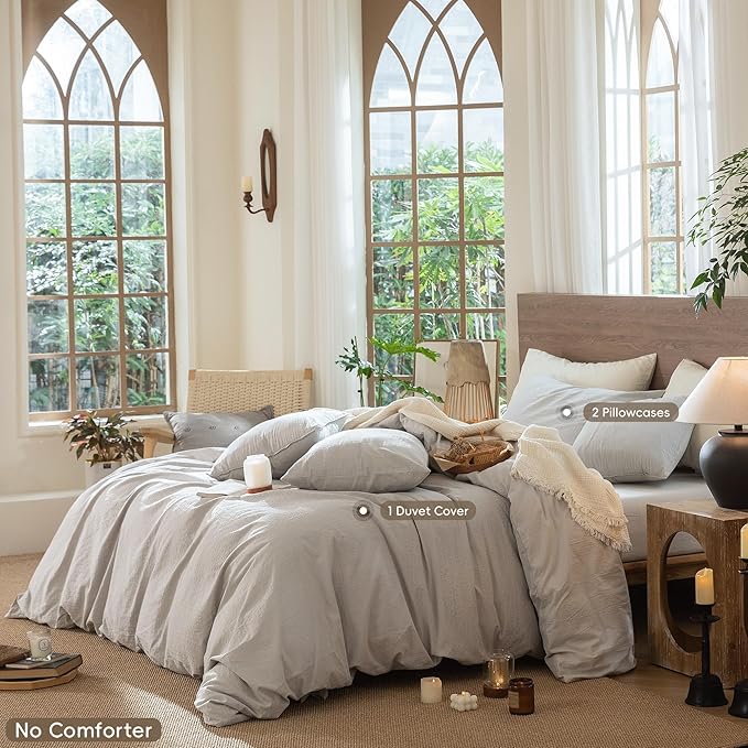 MooMee Wavy Striped Duvet Cover Set 100% Washed Cotton Linen Like Textured Breathable Durable Soft Comfy (Light Grey, Oversized Queen 98"x98")