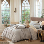 MooMee Wavy Striped Duvet Cover Set 100% Washed Cotton Linen Like Textured Breathable Durable Soft Comfy (Light Grey, Full 80"x90")