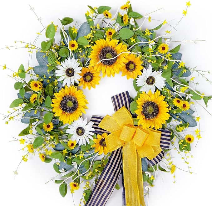 Sunflower Wreaths for Front Door, Soomeir Artificial Spring Summer Wreath with Burlap Bow, Door Wreath for Outside All Season Indoor Outdoor Home Wall Wedding Farmhouse Holiday