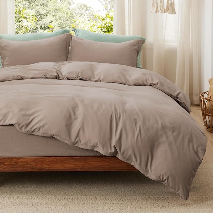 Bedsure Duvet Cover Full Size with Fitted Sheet - 4 Pieces Prewashed Cotton-Like Extra Soft Bedding Set, Includes 1 Duvet Cover 80x90 Inches with Zipper Closure, 2 Pillow Shams, 1 Fitted Sheet, Khaki
