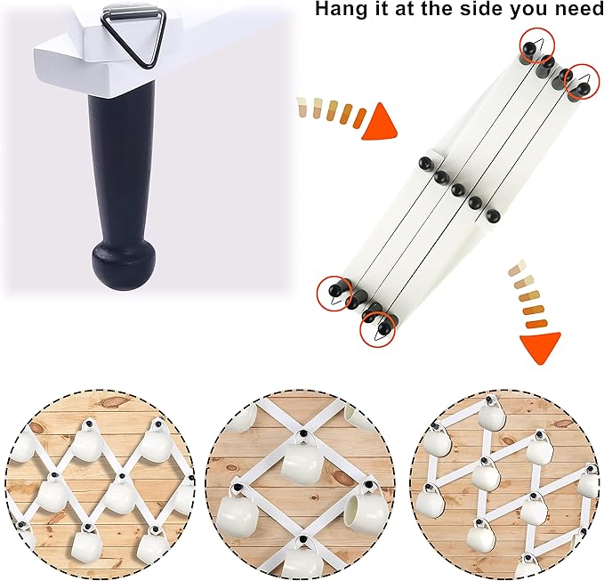 Dseap Accordian Wall Hanger: 16” High Wooden Wall Expandable Coat Rack, Hat Rack Holder, Accordion Hook for Baseball Caps, Coats, Mugs, 13 Peg Hooks, White & Black