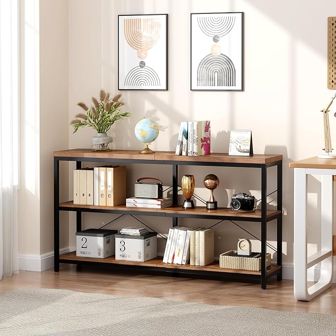 Semoic 3-Tier Industrial Bookshelf, Wide Wood Horizontal Bookcase, Open Large Book Shelf with Metal Frame, Display Rack Shelving Unit, Storage Organizer for Living Room, Bedroom & Study, Brown