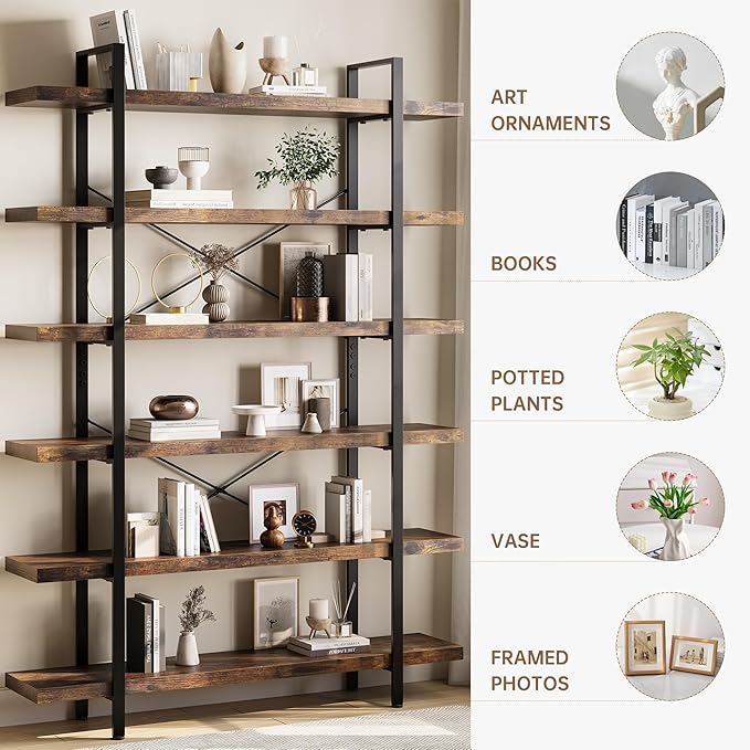 Bookshelf Set of 2, Heavy Duty 6-Tier Industrial Bookcase, 47" Wide Wood Bookshelf for Home Office, 120lbs Shelf Capacity, Rustic Open Display with Horizontal Shelf for Living Room Bedroom
