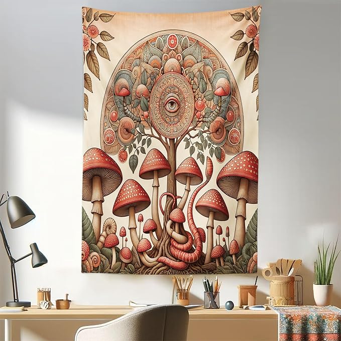 Ambesonne Hippie Tapestry, Psychedelic Aura Leaves and Eye Ornate Tree Art with Mushrooms and Snake, Fabric Wall Hanging Decor for Bedroom Living Room Dorm, 30" X 45", Dark Pink Reseda Green