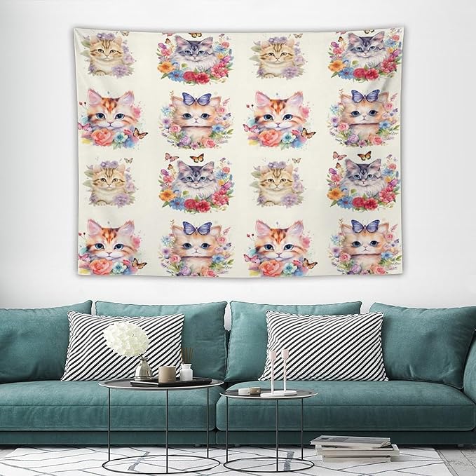 VUMIVI Watercolor Flower Cat Tapestry Colorful Cartoon Cute Animals Butterflies Abstract Art Print Tapestry Wall Hanging for Living Room Bedroom Dorm Classroom Aesthetic Decor W80xL60in