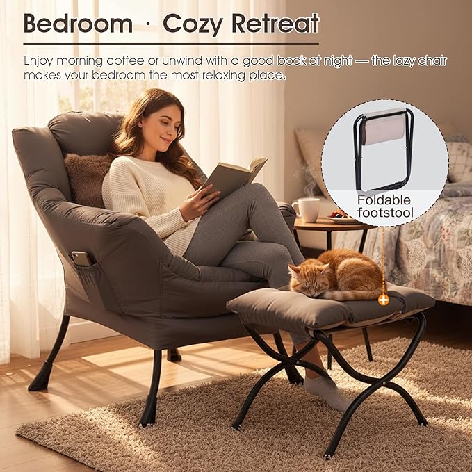 Lazy Chair with Ottoman, Large Lounge Accent Chair with Ottoman and a Throw Pillow, Shadow Grey Reading Chair for Living Room Bedroom Dorm Room Office Apartment Relaxing Use