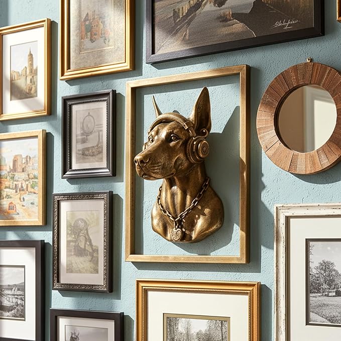 JJALIGHTS Animal Heads Wall Decor Doberman Resin Animals Sculptures Dobie Head Wall Hanging Decoration Imitation Copper vintage Wall Sculpture for Living Room Bedroom Office