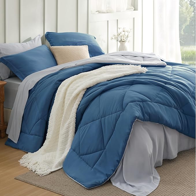 Bedsure California King Comforter Set - 7 Pieces Reversible Slate Blue Bedding, California King Size Bed Set for All Seasons, Bed in a Bag with Down Alternative Comforter, Sheets, Pillowcases & Shams