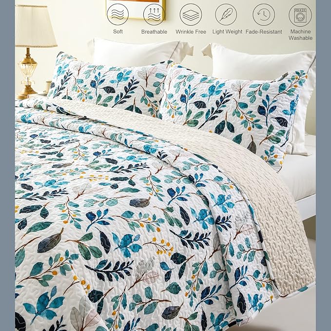 Whale Flotilla Reversible Printed Quilts Queen Size, Extra Soft Boho Floral Leaf Bedspreads for Bed Lightweight Full Queen Quilt Bedding Set Coverlets with 2 Pillow Shams for All Seasons, White Green