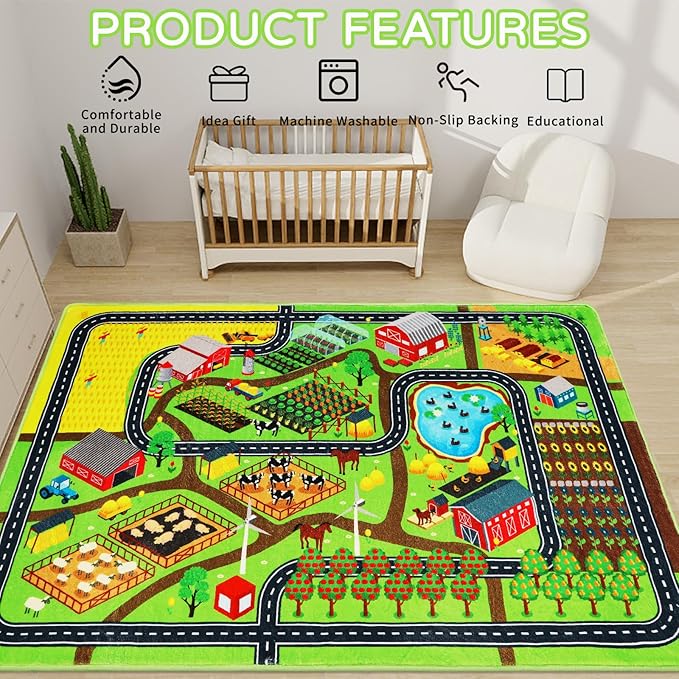 Kids Rug Play Rug for Toy Cars, 39.4"×59" Farm Life Road Traffic for Playroom Kid Car Road Mat Village Map Play Mat Non-Slip Washable Carpet for Toddler Boy Family Tummy Time Playtime