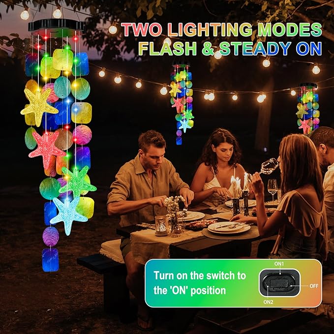 Solar Starfish Wind Chimes for Outside Mobile Shells Wind Chimes Hanging Decorative Lights for Holiday Garden Porch Yard Window Party Outdoor Decor, Gift for Mom Grandma Wife Girlfriend Neighbors
