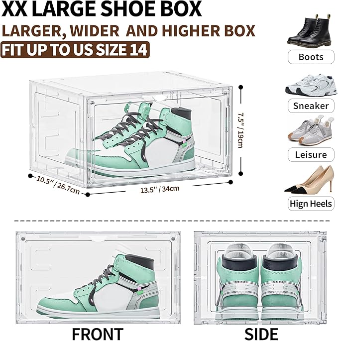 8 Pack XX Large Shoe Organizer, Heavy-Duty Hard Thicken Plastic Clear Stackable Shoe Storage Box Organizer for Closet, Space-Saving Shoe Rack Display Case Bin Containers for Sneakers, Clear