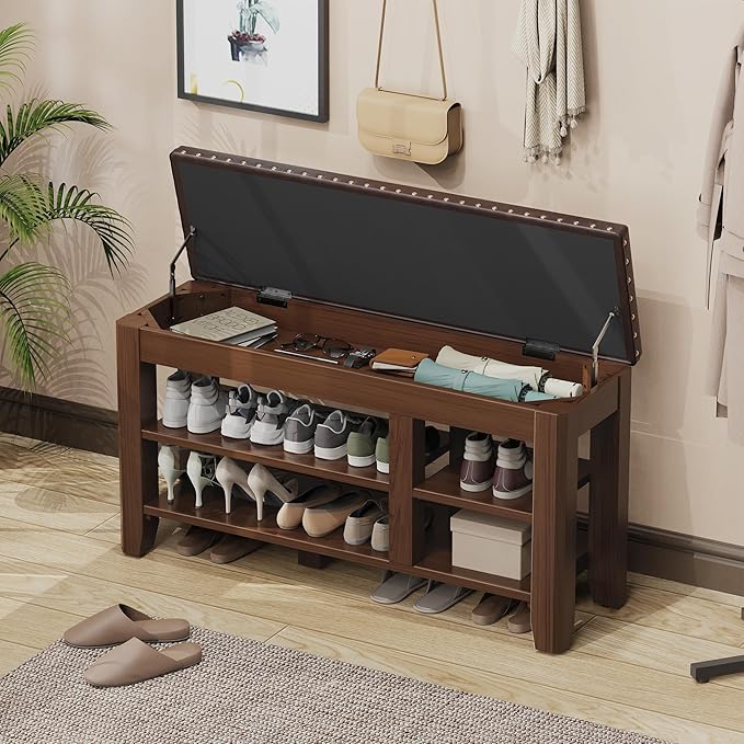 Shoe Bench for Entryway, Solid Rubberwood Shoe Bench with Hidden Storage, Adjustable 2-Tier Shelves & Soft PU Leather Seat, Shoe Rack Durable Easy Assembly for Hallway or Bedroom - Brown, 39.4"