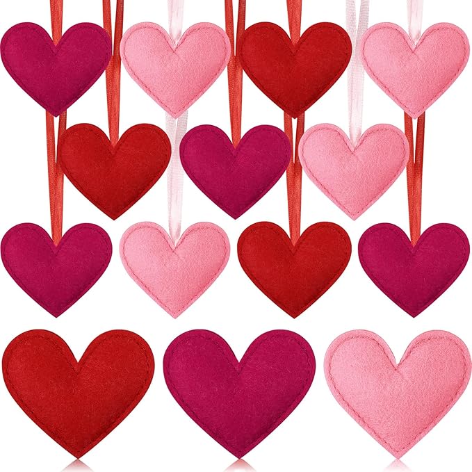 Syhood 12 Pcs Valentine's Day Felt Heart Ornaments Hanging Tree Decor for Wedding, Anniversary, Christmas Party Supplies, Winter Home Decorations(Pink. Red and Rose Red,Solid Color Style)