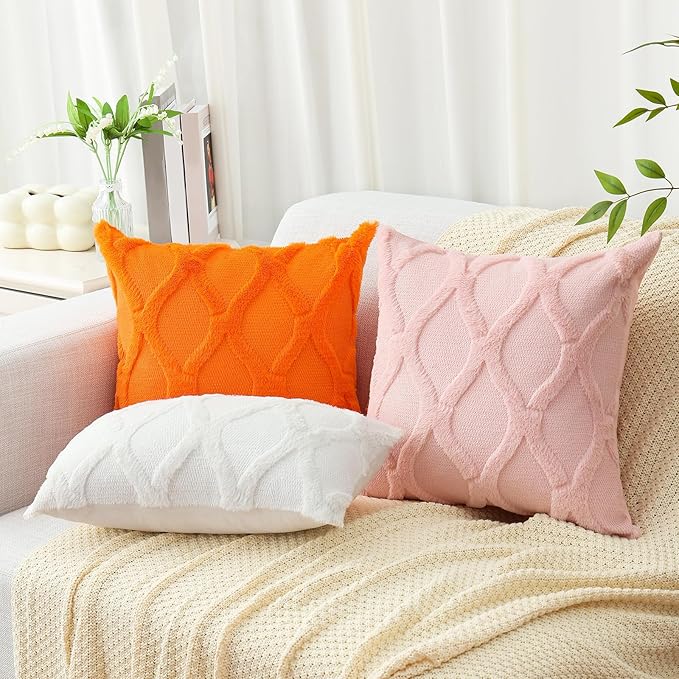 decorUhome Spring Throw Pillow Covers 16x16 Inch Set of 2, Soft Plush Faux Fur Wool Light Pink Couch Pillow Covers, Decorative Neutral Pillow Cases for Bed Sofa Living Room Valentines Decor