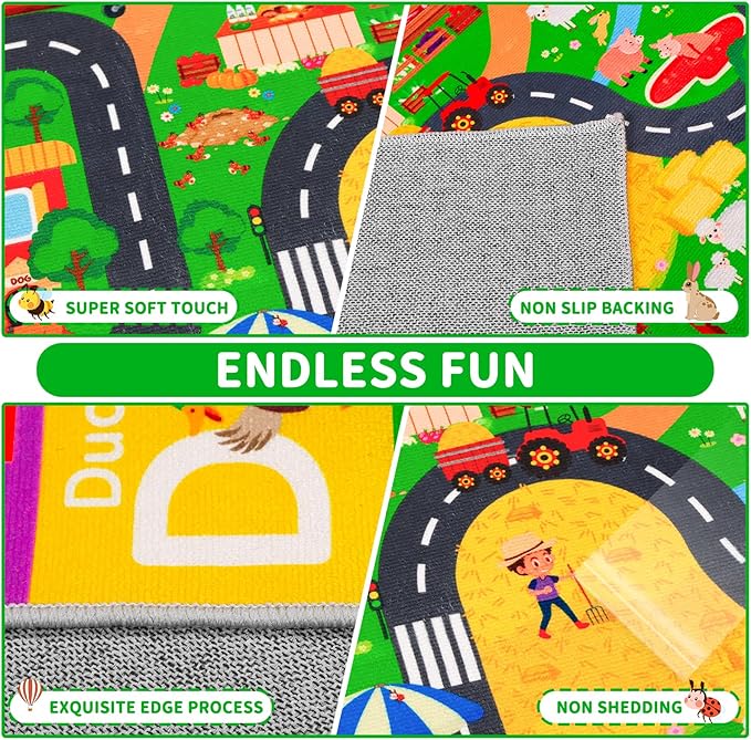 Kids Rugs for Toy Cars Playroom 110"×78.7" ABC Farm Life Road Traffic Kids Car Road Rugs Village Map Play Mat for Toddlers Boys Room Family Tummy Time Playtime Learning Carpet