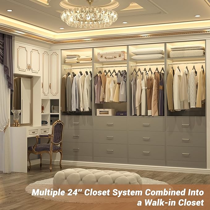 Closet System Set of 4, 8FT Closet Systems with 12 Wood Drawers, 96" Closet Organizer System with 4 Hanging Rods & 4 Shelves, Heavy Duty 96 Inch Walk-in Closet, Grey (96"L x 15" W x 80" H)