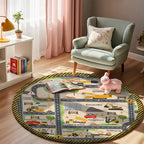 Construction Site Play Rug for Kids -3.3ft Round Interactive Engineering Vehicles Faux Wool Carpet with Excavator & Digger Design, Non-Slip Educational Mat for Playroom, Bedroom Gifts (Boys & Girls)