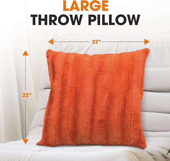 Cheer Collection Fall Decorative Throw Pillows for Couch – Set of 2 Faux Fur Fall Pillows for Couch, Cozy Fall Couch Pillows for Living Room or Bed, Soft, Rust Accent Pillows, 22"x22"